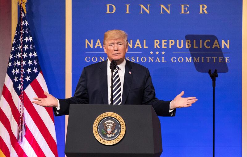 epa06616599 US President Donald J. Trump delivers remarks at the National Republican Congressional Committee March Dinner at the National Building Museum in Washington, DC, USA, 20 March 2018.  EPA/KEVIN DIETSCH / POOL