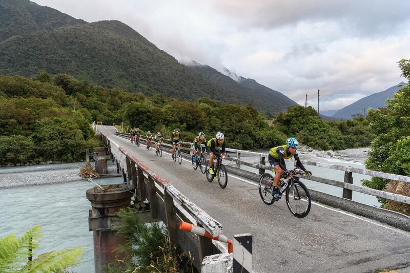 Competitors in the cycling stage of the Coast to Coast multisport event on Saturday, February 8, in Arthurs Pass, New Zealand. Getty