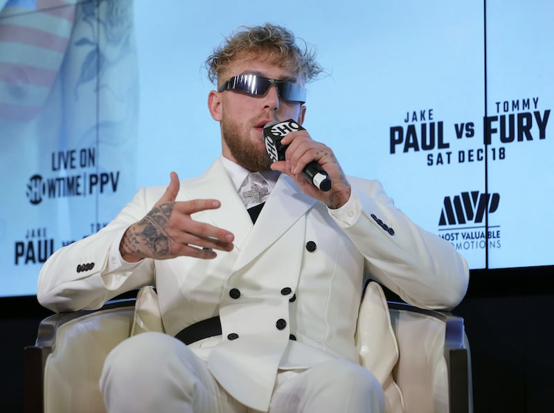 Jake Paul speaks during a news conference to promote his Showtime pay-per-view boxing event against Tommy Fury at Resorts World Las Vegas on November 6, 2021 in Las Vegas, Nevada.  Paul will face Fury in an eight-round cruiserweight bout, at a 192-pound catchweight, at Amalie Arena in Tampa, Florida on December 18. AFP