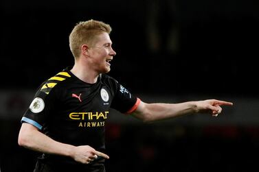 Soccer Football - Premier League - Arsenal v Manchester City - Emirates Stadium, London, Britain - December 15, 2019 Manchester City's Kevin De Bruyne celebrates scoring their third goal Action Images via Reuters/John Sibley EDITORIAL USE ONLY. No use with unauthorized audio, video, data, fixture lists, club/league logos or "live" services. Online in-match use limited to 75 images, no video emulation. No use in betting, games or single club/league/player publications. Please contact your account representative for further details.