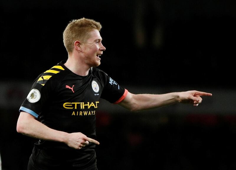 Soccer Football - Premier League - Arsenal v Manchester City - Emirates Stadium, London, Britain - December 15, 2019  Manchester City's Kevin De Bruyne celebrates scoring their third goal       Action Images via Reuters/John Sibley  EDITORIAL USE ONLY. No use with unauthorized audio, video, data, fixture lists, club/league logos or "live" services. Online in-match use limited to 75 images, no video emulation. No use in betting, games or single club/league/player publications.  Please contact your account representative for further details.