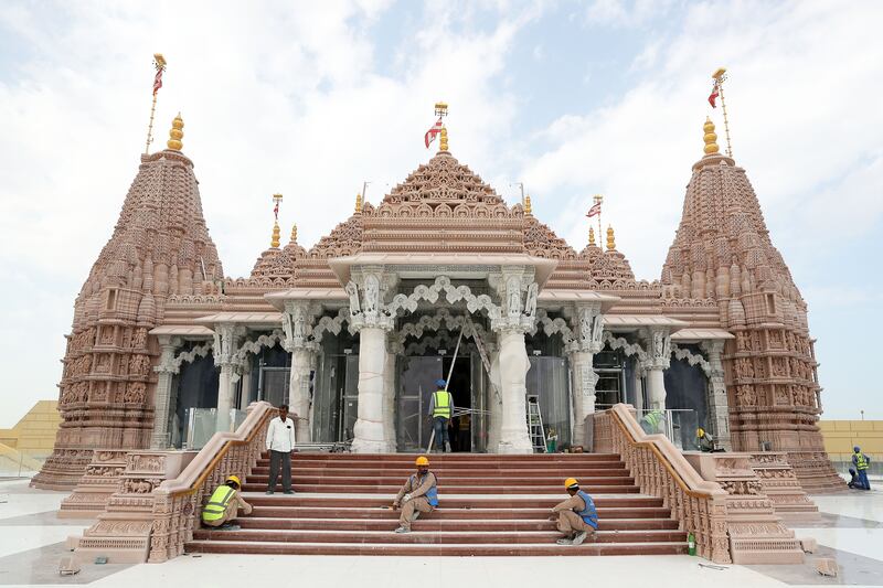 The UAE's first traditional hand-carved Hindu temple is situated in Abu Dhabi’s Abu Mureikha area. Pawan Singh / The National