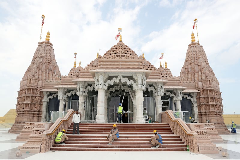 The UAE's first traditional hand-carved Hindu temple is situated in Abu Dhabi’s Abu Mureikha area. Pawan Singh / The National