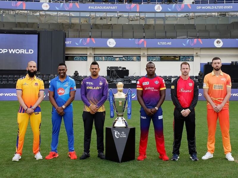 From left: Moeen Ali, Dwayne Bravo, Sunil Narine, Rovman Powell, Colin Munro and James Vince at the trophy launch of ILT20 on January 12, 2023. Photo: ILT20