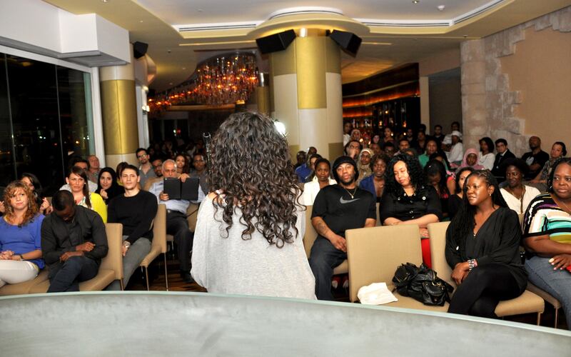 Poet Farah Chamma performs at the Rooftop Rhythms event at the Hilton Capital Grand Hotel in Abu Dhabi. Picture courtesy James Simmons