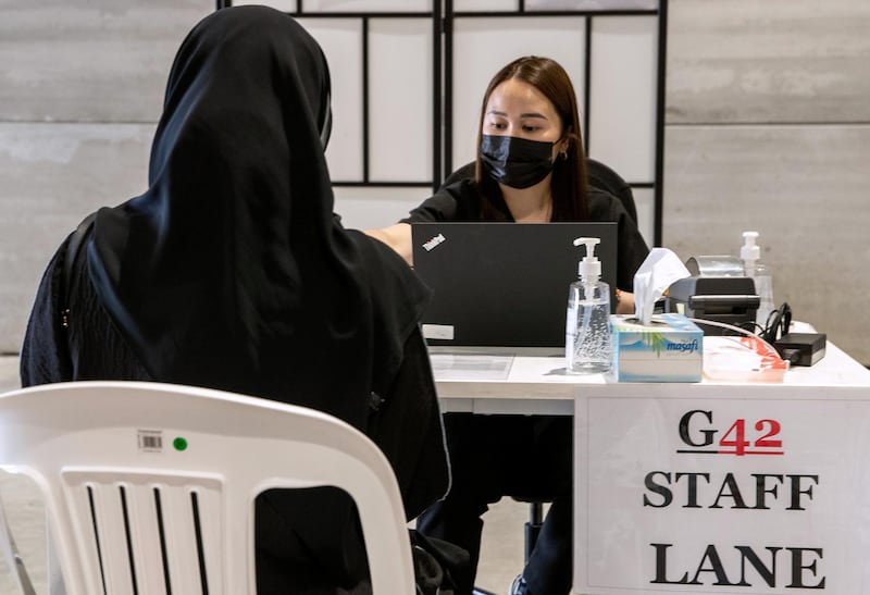 Abu Dhabi, United Arab Emirates, March 24, 2021.  Abu Dhabi residents at the Covid-19 testing centre of Biogenix Labs at G42 in Masdar City. 
Victor Besa/The National
Section:  NA
Reporter:  Shireena Al Nowais