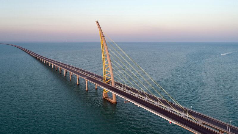 Aerial view of the arch pylon on the Sheikh Jaber al-Ahmad Al-Sabah Causeway which will lead to the Future Silk City, in Kuwait Bay, Kuwait. Reuters