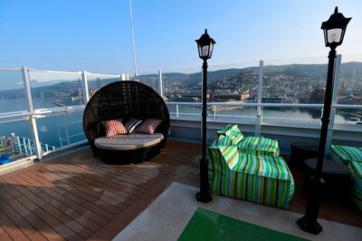 A picture taken on March 1, 2019 on the port of Trieste onboard the Costa Venezia cruise (Costa group) shows a relax area of the deck. A pioneer in China, the Costa Cruises group has chosen to strengthen itself in this market with huge prospects, by launching the Costa Venezia, a ship specially designed for Chinese tourists and designed on the theme of Venice. It will be able to accommodate 5,260 Chinese tourists, who will travel between Shanghai and Japan. / AFP / Miguel MEDINA

