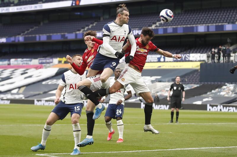 Tottenham substitute Gareth Bale wins a header. EPA