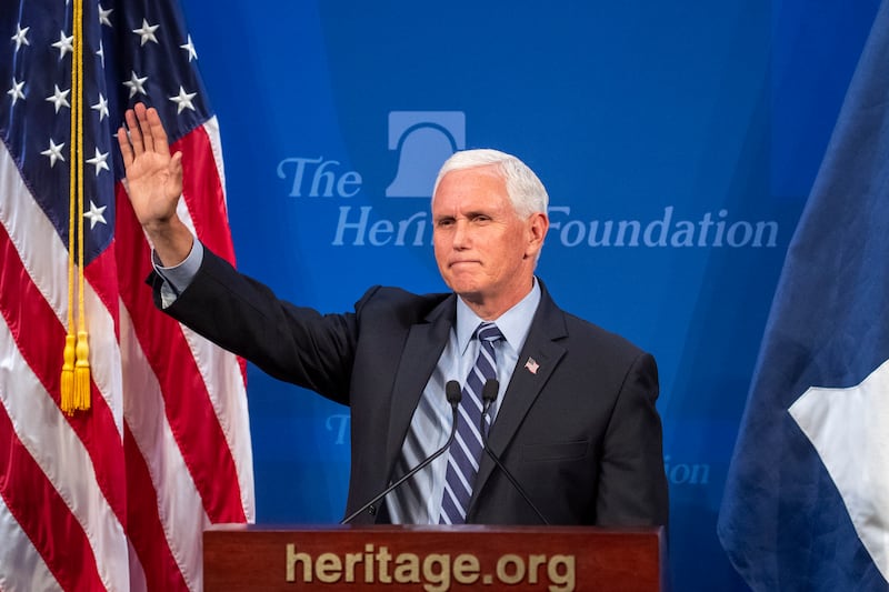 Former vice president Mike Pence delivers a China policy speech at The Heritage Foundation. EPA