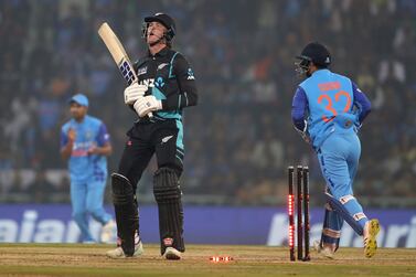 New Zealand's Finn Allen reacts after he was bowled out by India's Yuzvendra Chahal during the second T20 international cricket match between India and New Zealand in Lucknow, India, Sunday, Jan.  29, 2023.  (AP Photo / Surjeet Yadav)
