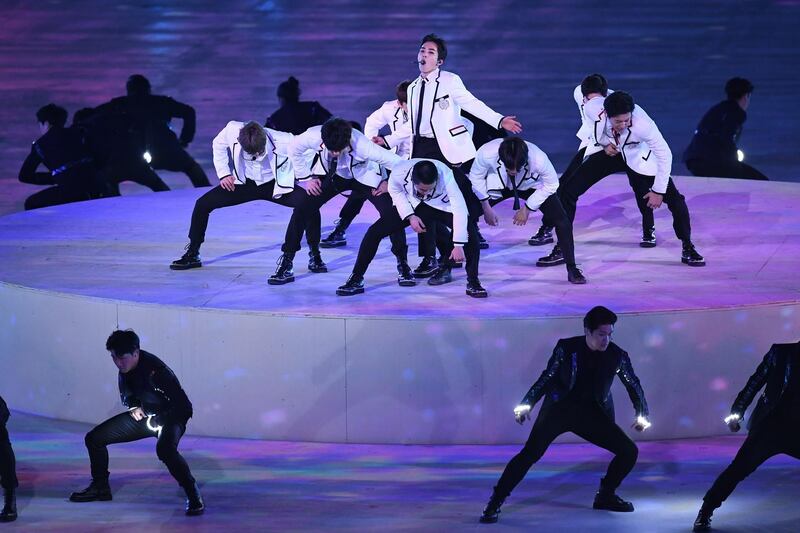 Exo perform during the Closing Ceremony of the PyeongChang 2018 Winter Olympic Games at PyeongChang. David Ramos / Getty