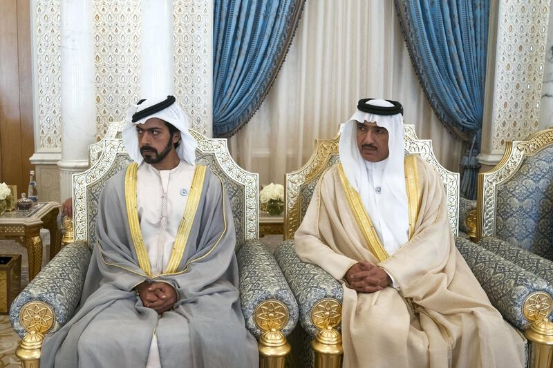 ABU DHABI, UNITED ARAB EMIRATES - October 21, 2018: HH Sheikh Khalifa bin Tahnoon bin Mohamed Al Nahyan, Director of the Martyrs' Families' Affairs Office of the Abu Dhabi Crown Prince Court (L) and HE Ahmed Juma Al Zaabi, UAE Deputy Minister of Presidential Affairs (R), attend a meeting with HE Boyko Borisov, Prime Minister of Bulgaria (not shown), at at the Presidential Palace.
( Mohamed Al Hammadi / Crown Prince Court - Abu Dhabi )
---