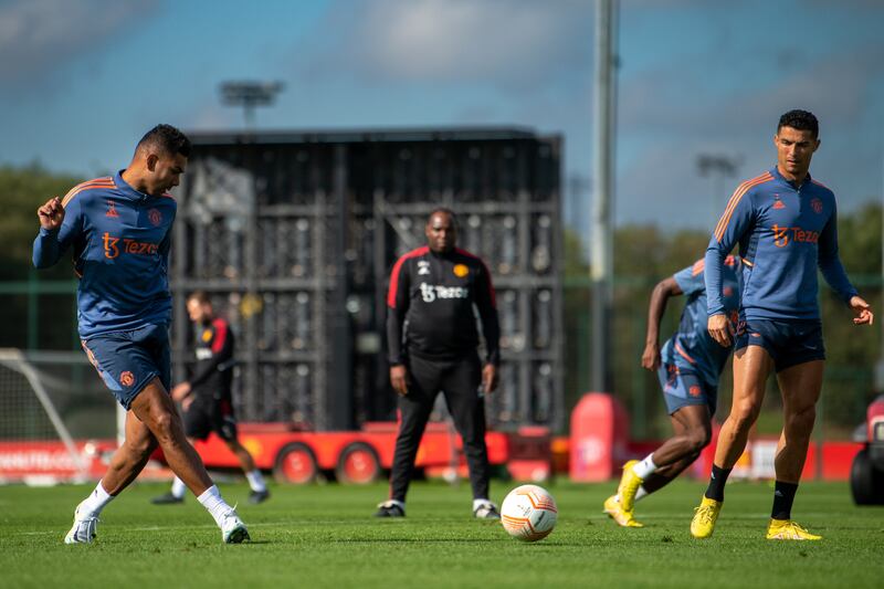 Casemiro and Cristiano Ronaldo during Manchester United's training session in Carrington. Getty