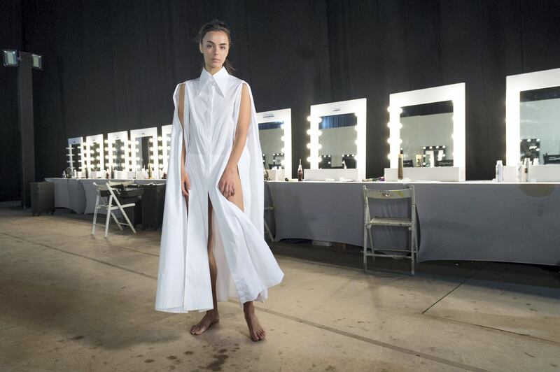 DUBAI, UNITED ARAB EMIRATES - OCTOBER 27:  A model backstage ahead of the Nabil Nayal show during Fashion Forward October 2017 held at the Dubai Design District on October 27, 2017 in Dubai, United Arab Emirates.  (Photo by Ian Gavan/Getty Images for FFWD)