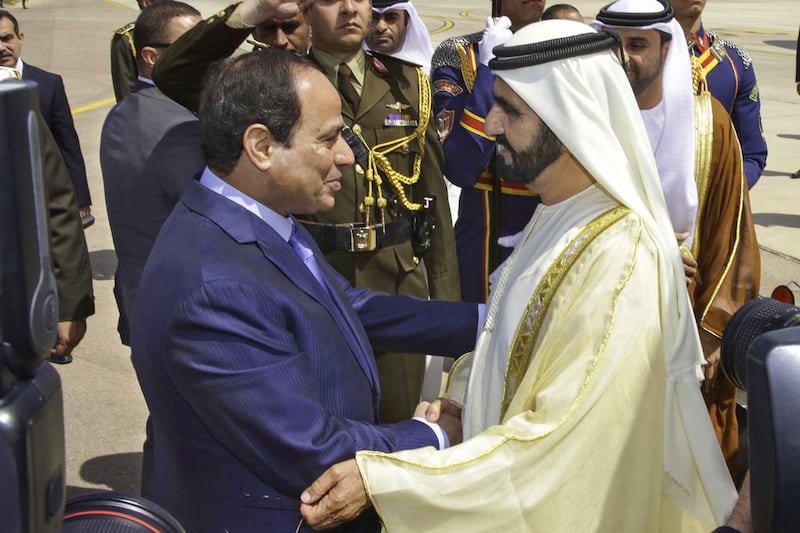 HH Sheikh Mohammed bin Rashid Al Maktoum, the Vice President and Prime Minister of the UAE and Ruler of Dubai, is greeted by president Abdel Fattah El Sisi upon his arrival in Egypt on March 13, 2015. WAM