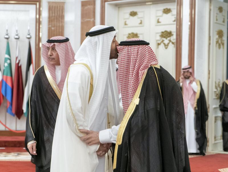 MECCA, SAUDI ARABIA - May 30, 2019: HH Sheikh Mohamed bin Zayed Al Nahyan, Crown Prince of Abu Dhabi and Deputy Supreme Commander of the UAE Armed Forces (2nd R), greets HM King Salman Bin Abdulaziz Al Saud of Saudi Arabia and Custodian of the Two Holy Mosques (R), during the UAE delegation to the Gulf Cooperation Council (GCC) emergency summit in Mecca.

( Rashed Al Mansoori / Ministry of Presidential Affairs )
---