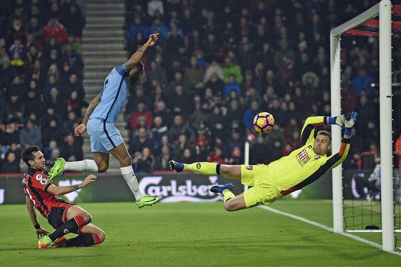 Manchester City’s Raheem Sterling scores the 1-0 lead during the English Premier League match between AFC Bournemouth and Manchester City at the Vitalitiy stadium, Bournemouth. Gerry Penny / EPA