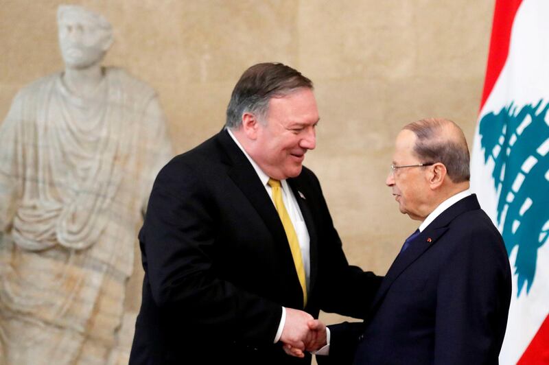 US Secretary of State Mike Pompeo (L) meets with Lebanon's President Michel Aoun (R) at the presidential palace in Baabda, east of the capital Beirut on March 22, 2019. Pompeo warned of Shiite militant group Hezbollah's "destabilising activities" as he visited Lebanon on the latest leg of a regional tour to build a united front against Iran. / AFP / POOL / JIM YOUNG
