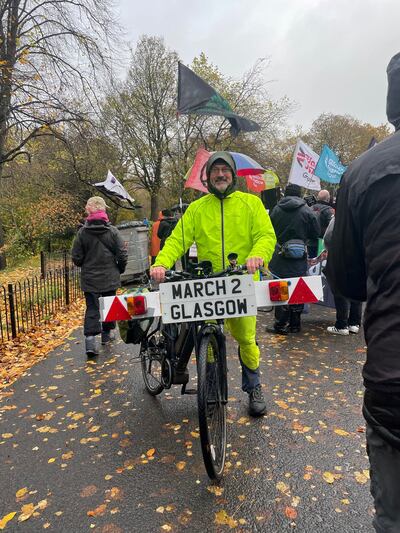 Phil Joyce from Andover in Hampshire, walked from the south of England to Scotland with a group of 10 people from Spain to attend the protest. Alice Haine for The National 