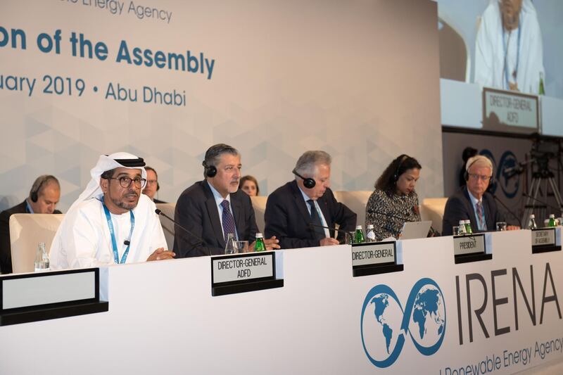 Funding announcements are made at the Irena Assembly in Abu Dhabi on Saturday. Courtesy Abu Dhabi Fund for Developmen