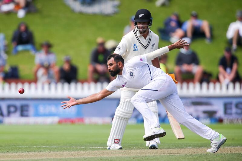 WELLINGTON, NEW ZEALAND - FEBRUARY 23: Mohammed Shami of India fails to take a possible catch during day three of the First Test match between New Zealand and India at Basin Reserve on February 23, 2020 in Wellington, New Zealand. (Photo by Hagen Hopkins/Getty Images)