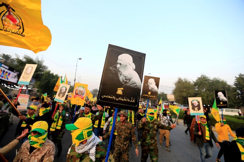 Kataib Hezbollah Iraqi militia gather ahead of the funeral of the Iraqi militia commander Abu Mahdi al-Muhandis, who was killed in an air strike at Baghdad airport, in Baghdad, Iraq, January 4, 2020. REUTERS/Thaier al-Sudani