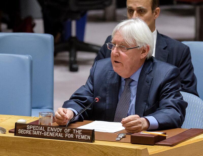 epa06675446 A handout photo made available by the United Nations (UN ) shows Martin Griffith, Special Envoy of the Secretary-General for Yemen, briefs the Security Council over UN Security Council meeting on the situation in Yemen, at the UN Headquarters in New York, USA, 17 April 2018. Martin Griffith, Special Envoy of the Secretary-General for Yemen addressed the Security Council on his plans to present a framework for negotiations.  EPA/UN Photo/Manuel Elias / HANDOUT  HANDOUT EDITORIAL USE ONLY/NO SALES