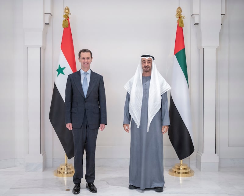 Sheikh Mohamed bin Zayed, Crown Prince of Abu Dhabi and Deputy Supreme Commander of the Armed Forces, meets with Syrian President Bashar Al Assad. Rashed Al Mansoori / Ministry of Presidential Affairs
