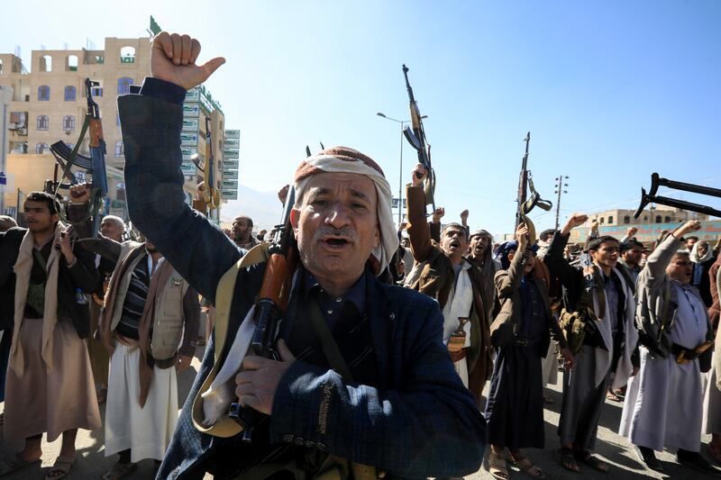 Houthi fighters shout gather in Sanaa. The rebels have launched attacks in the Red Sea in response to the Gaza war. EPA