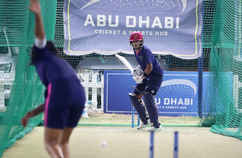 Esha Oza bats during training at the Zayed Cricket Academy in Abu Dhabi. Pawan Singh / The National