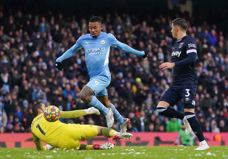 Manchester City forward Gabriel Jesus attempts a shot on goal against West Ham. PA
