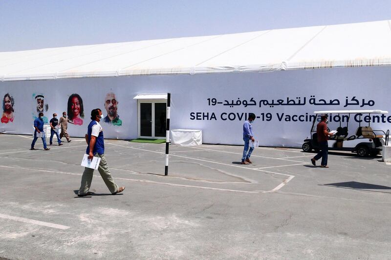 People going to get their Covid vaccine at the SEHA Covid vaccination center at Dubai Parks and Resorts in Dubai on April 26,2021. (Pawan Singh/The National). Story by Nick Webster