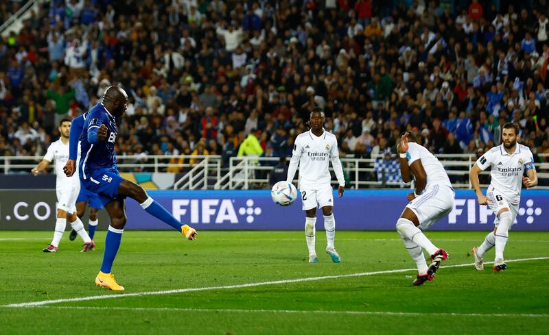 Al Hilal's Moussa Marega shoots at goal against Real Madrid. Reuters
