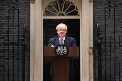 Boris Johnson announces his resignation as prime minister outside 10 Downing Street, on July 7, 2022. Getty Images