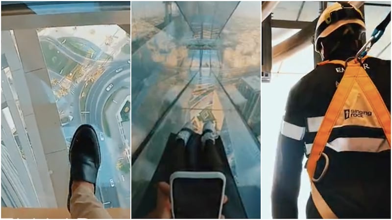 A teaser video of Sky Views Dubai shows brave guests walking on glass-bottomed skywalk several metres above the ground