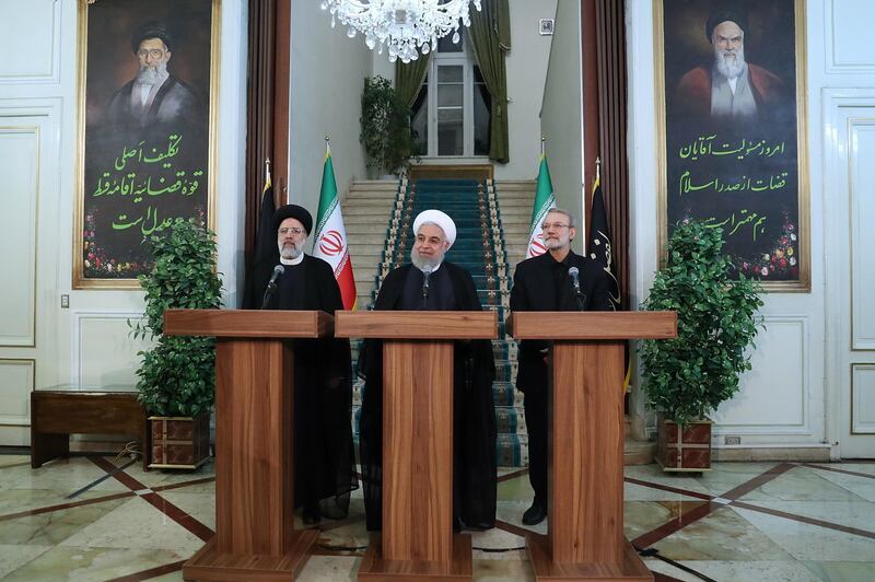 epa07817882 A handout photo made available by the Iranian Presidential office shows Iranian President Hassan Rouhani (C), Iranian judiciary chief Ebrahim Raisi (L), Iranian Parliament Speaker Ali Larijani (R) attending a presentation to announce a statement in Tehran, Iran, 04 September 2019. According to Iranian news reports, Rouhani announced third step of reducing commitments under the 2015 nuclear deal which will take effect on 06 September 2019.  EPA/IRANIAN PRESIDENT OFFICE HANDOUT  HANDOUT EDITORIAL USE ONLY/NO SALES