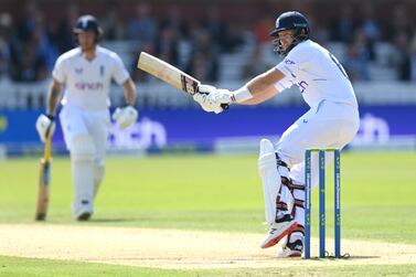 LONDON, ENGLAND - JUNE 04: England batsman Joe Root picks up some runs watched by Ben Stokes during day three of the first Test Match between England and New Zealand at Lord's Cricket Ground on June 04, 2022 in London, England. (Photo by Stu Forster / Getty Images)