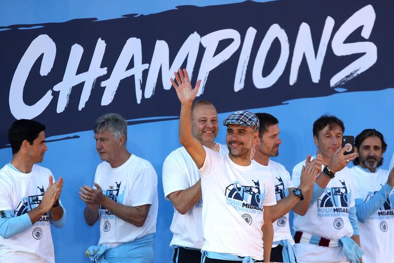 File photo dated 20-05-2019 of Manchester City manager Pep Guardiola onstage during the trophy parade in Manchester. PA Photo. Issue date: Thursday December 12, 2019. Pep Guardiola's exhilarating City side followed up their magnificent 100-point Premier League-winning campaign of 2018 by playing even better to become the first English side to claim a domestic treble. See PA story SPORT Christmas Football. Photo credit should read Nick Potts/PA Wire.