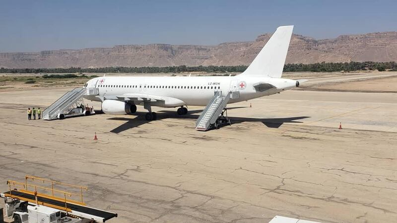 A plane waits to transport Houthi prisoners after being released by the Saudi-led coalition in a prisoner swap, in Sayoun, Yemen. Reuters