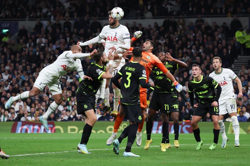 Tottenham's Rodrigo Bentancur heads the equaliser. AP