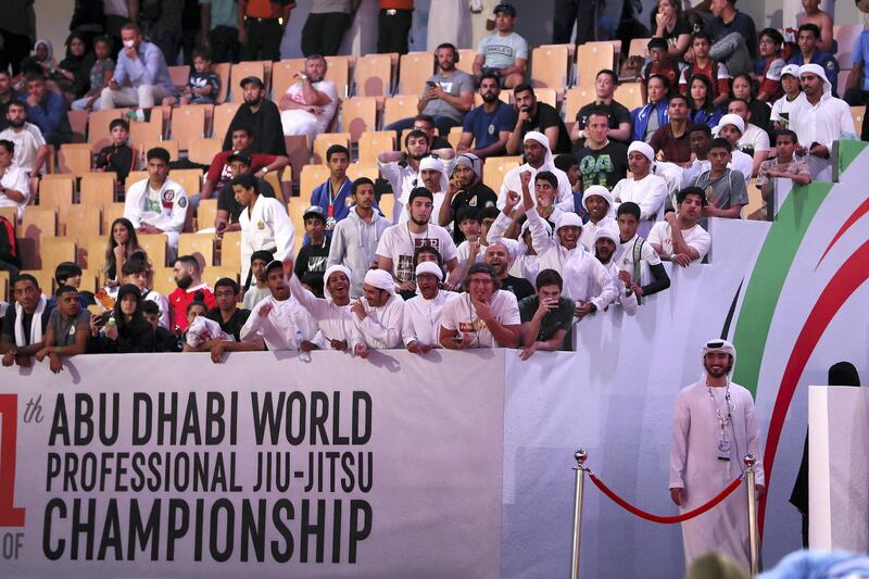 ABU DHABI,  UNITED ARAB EMIRATES , April 22 – 2019 :- Spectators   during  the Abu Dhabi World Professional Jiu Jitsu  Championship 2019 held at the Mubadala Arena in Abu Dhabi. ( Pawan Singh / The National ) For Sports. Story by Amith