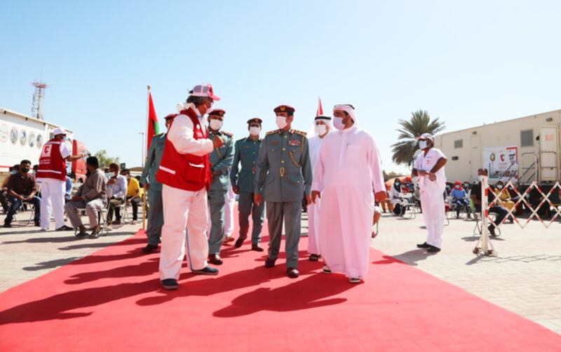 Major General Shaikh Sultan bin Abdullah Al Nuaimi, commander-in-chief of Ajman police and head of the Emergency, Crisis and Disaster management team of Ajman touring one of the mobile Covid-19 clinics. Courtesy, WAM