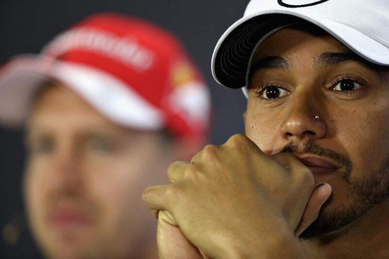 ABU DHABI, UNITED ARAB EMIRATES - NOVEMBER 23:  Lewis Hamilton of Great Britain and Mercedes GP looks on in the Drivers Press Conference during previews for the Abu Dhabi Formula One Grand Prix at Yas Marina Circuit on November 23, 2017 in Abu Dhabi, United Arab Emirates.  (Photo by Clive Mason/Getty Images)
