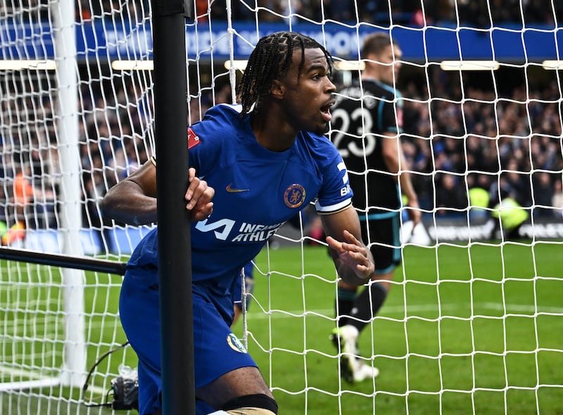 Chelsea substitute Carney Chukwuemeka celebrates scoring their third goal. Reuters