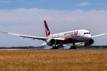 In this photo provided by Australian airliner Qantas, the Boeing 787-9 Dreamliner lands at Sydney airport in Sydney, Friday, Nov. 15, 2019. Australia’s national carrier Qantas has completed a 19-and-a-half hour non-stop flight from London to Sydney, part of a series of tests to assess the effects of very long-haul flights. ( James Morgan/Qantas via AP)