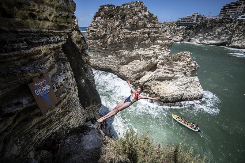 Yana Nestsiarava of Belarus dives from the 20m cliff in Raouche during the first competition day of the fifth stop of the Red Bull Cliff Diving World Series. Getty Images