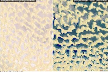 Images show the landscape of the Empty Quarter before and after it was hit by Tropical Cyclone Mekunu in May. Courtesy Nasa    