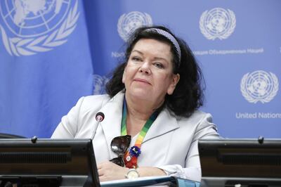 Karen Pierce, Permanent Representative of the United Kingdom to the United Nations and President of the Security Council for the month of November, briefs journalists on the Council's program of work for the month at the UN Headquarters in New York, November, 2019. (Photo by EuropaNewswire/Gado/Getty Images)