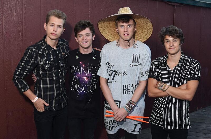 From left, James McVey, Connor Ball, Tristan Evans and Bradley Simpson of The Vamps. Photo by C Flanigan / Getty Images